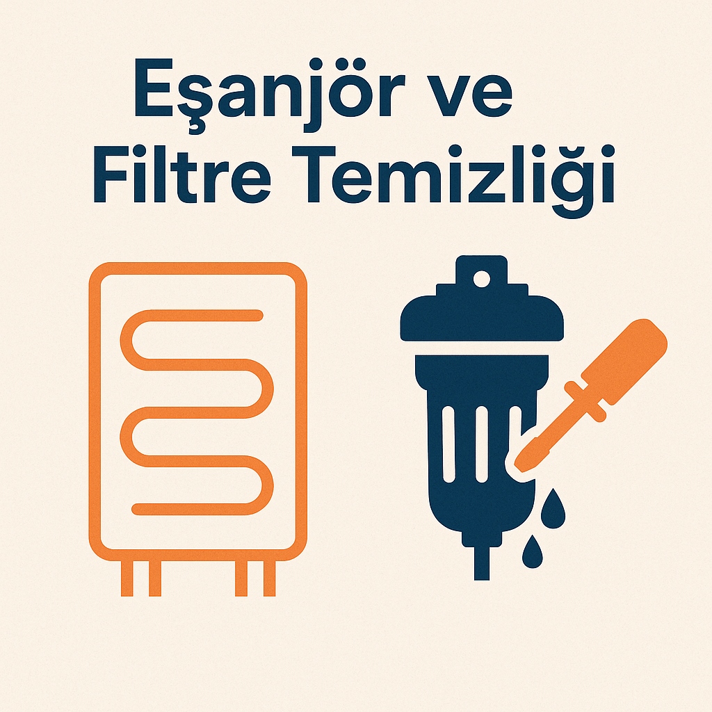 Eşanjör ve filtre temizliği temalı kombi bakım görseli, turuncu eşanjör ve mavi filtre simgesiyle