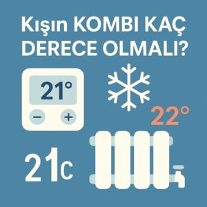 Mavi fonda 21° gösteren termostat, kar tanesi ve radyatör simgesi; kışın kombi sıcaklığı için ideal ayarları anlatan kare kapak görseli