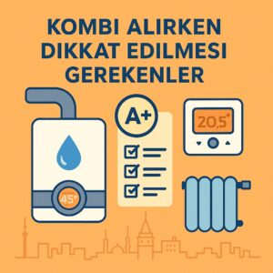 Kombi alırken dikkat edilmesi gerekenler: yoğuşmalı kombi, A+ verim etiketi, oda termostatı ve radyatör ikonlarıyla kare kapak