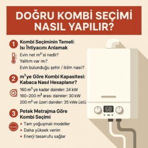 Doğru kombi seçimi nasıl yapılır konulu kare infografik; başlık, maddeler ve yan tarafta beyaz kombi cihazı görseli yer alıyor.