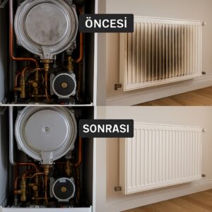 Üsküdar Acıbadem’de E.C.A Proteus Premix 28 kW yoğuşmalı kombi ve petek bakımı öncesi-sonrası görseli