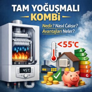 Tam yoğuşmalı kombinin çalışma mantığını ve 55°C altı dönüş suyu ile verim artışını anlatan kare kapak görseli