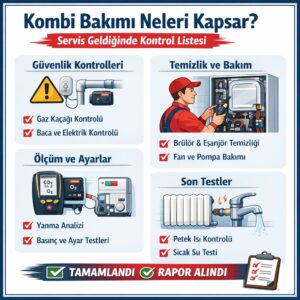 Kombi bakımı kontrol listesi infografiği: güvenlik kontrolleri, temizlik ve bakım, ölçüm ve ayarlar, son testler
