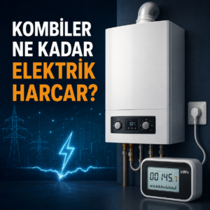 Kombinin saatlik, günlük ve aylık elektrik tüketimini gösteren kombi ve elektrik sayacı görseli